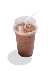 Iced mocha caramel coffee in glass with straw isolated on white background. clipping path