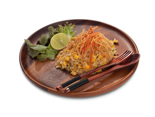 Topped crab sticks and Eggs fried rice. Prepared and served in a wooden plate isolated on white background. Ready to eat. Clipping path.