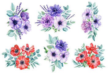 Beautiful flowers set. Watercolor illustrations of anemone flowers, lavender, eucalyptus leaves. Floral design