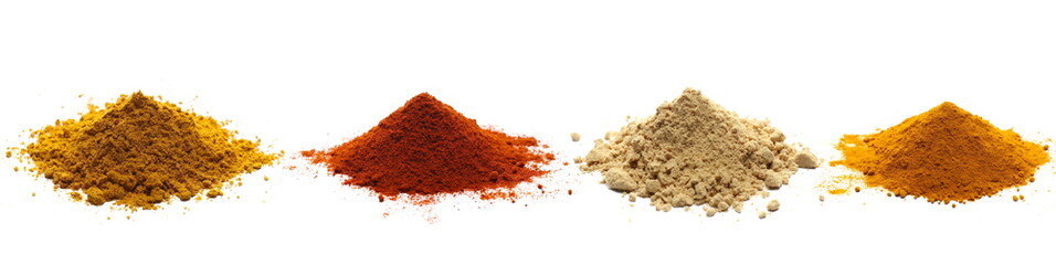 Set spice pile, curry pile, red paprika powder, ginger ground, turmeric isolated on white, side view