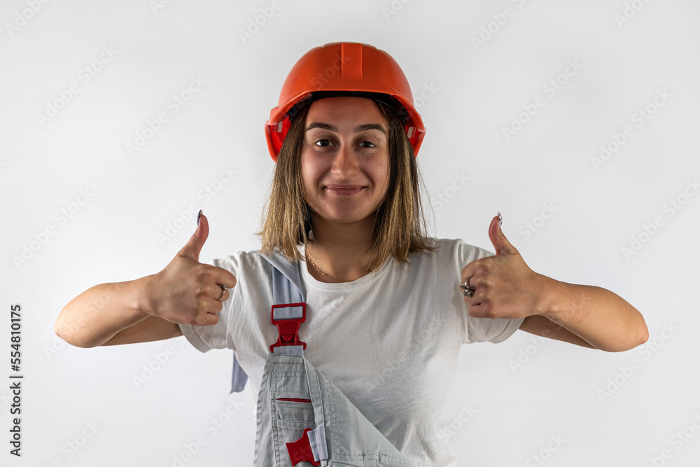 Wall mural construction worker woman with beautiful smile with tools on white background.