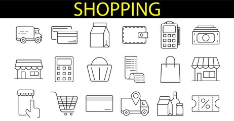 Set of black icons for retail, grocery, restaurant food delivery concepts. express order, mobile shop.
