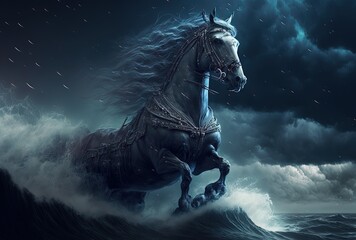 Naklejka na ściany i meble illustration of beautiful black horse, galloping, on ocean wave