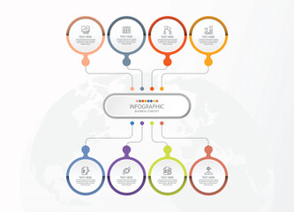 Process infographic with 8 steps, process or options.