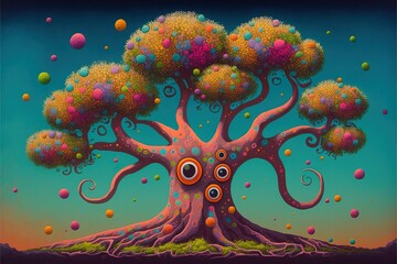 Fototapeta na wymiar Fantastical odd oak tree of life with polka dot fruit and creepy eyes watching over the landscape - cartoon stylized fantasy art