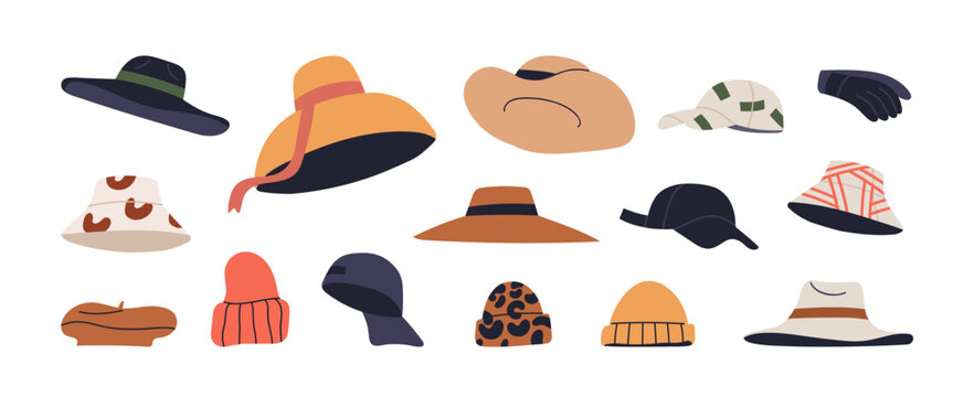 Hats, caps, panamas set. Knitted, straw, beach head wear, accessories designs. Different modern types of women and men headwears, headdresses. Flat vector illustrations isolated on white background