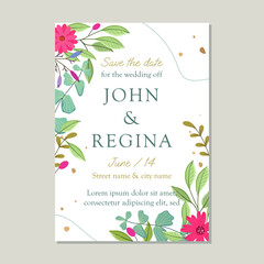 wedding invitation with bright floral design in hand-drawing style