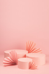 Valentines day soft pastel pink stage mockup with set of three circle podiums, love paper hearts,...
