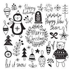 winter doodle set, hand drawn vector isolated elements for your design
