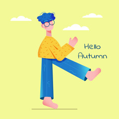 flat illustration of a character with glasses, hello autumn