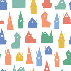 Bright city, houses vector pattern for textile, wrapping paper, wallpaper. Simple village background