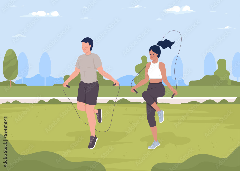 Wall mural doing jumping rope exercise flat color vector illustration. cardio workout. training outside. sport 