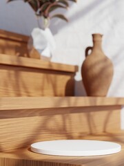 3d white minimal display podium with vases on wooden stair against white wall background. 3d rendering of abstract display podium and background. 3d illustration.