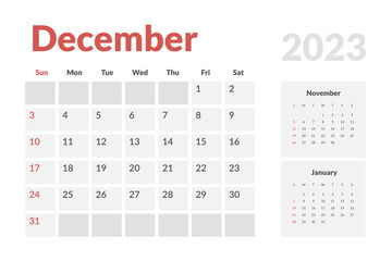 Monthly Calendar Template of december 2023. Vector simple gray grid layout for wall or desk calendar with week start on Monday for print