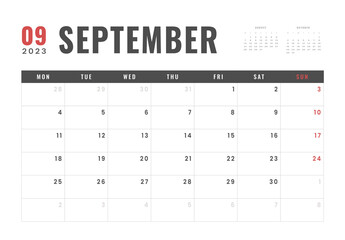 Monthly Calendar Template of september 2023. Vector simple gray grid layout for wall or desk calendar with week start on Monday for print