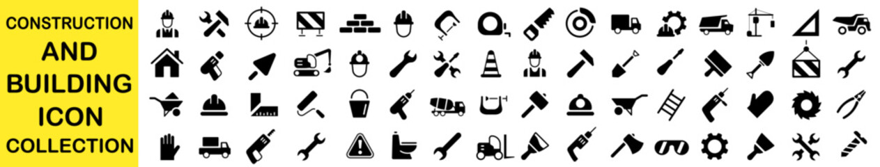 Construction icon set. Outline web icons set - construction. Building, repair tools, home, scraper, safety glasses, paint brush, cement mixers. Simple vector illustration.