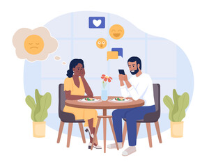 Internet addiction 2D vector isolated illustration. Ignoring during date. Relationship issue flat characters on cartoon background. Colorful editable scene for mobile, website, presentation