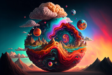  fantastical planet with swirling clouds and colorful landscapes. Generative AI - obrazy, fototapety, plakaty