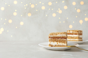 Concept of sweets, honey cake, space for text