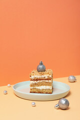 Concept of sweets, honey cake, space for text