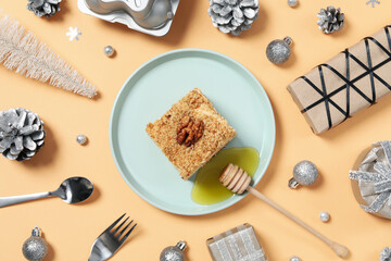 Concept of sweets, honey cake, top view