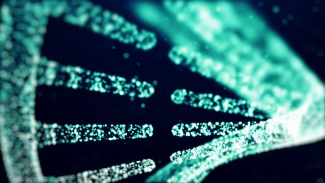 Abstract construction of a DNA molecule from particles. Concept of digital DNA. DNA code structure with glow. Medical research, genetic engineering, biology. 