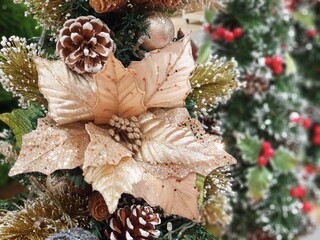 Christmas tree decorated with beautiful ornaments,celebrate the christmas season with vintage style. garland background and xmas wallpaper.