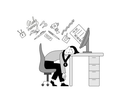 Fatigue employee in office doodle illustration scene.