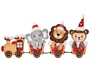 Watercolor gingerbread train with cute animals 