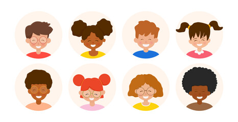 Collection of round children faces. Multiracial group of smiling boys and girls. Happy cute cartoon kids. Vector illustration.