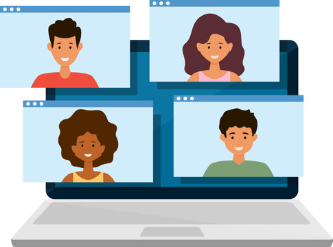 Video conference group people on laptop screen. Video call. Online communication. Vector isolated illustration.