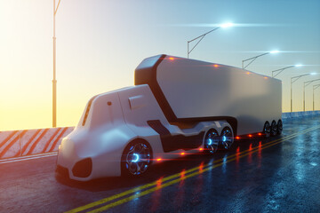 Obraz na płótnie Canvas Unmanned autonomous cargo transportation. An autonomous, electric, self-driving truck moves along the road. Fast cargo delivery, transportation without drivers. 3D render, 3D illustration.