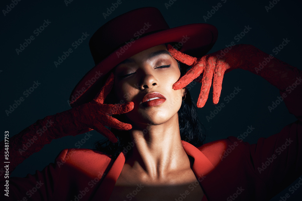 Sticker Fashion, beauty and spotlight on face of woman in dark background studio makeup, cosmetics and style. Creative art, red aesthetic and girl pose with vintage, luxury outfit and designer accessories