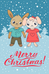 Christmas card. Symbol of 2023 year. Couple of rabbits. Cartoon bunnies illustration. Animal characters. Cute rabbit love