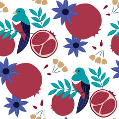 The print design consists of birds, pomegranates, and flowers suitable for seamless patterns