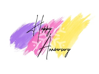 Happy Anniversary writing with heart background, colorful, cheerfull, invitation card, celebration banner.