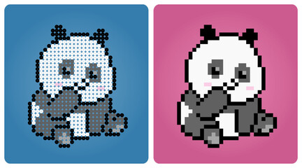 8 bit pixel panda is sitting. Animals for game assets and beads pattern in vector illustrations.
