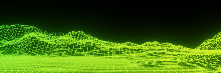 3D abstract grid neon topography. Gradient green mesh terrain.