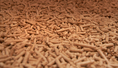 Flatlay of wood pellet. Macro shot of renewable and sustainable fuel. Pellet 6mm rolls is a byproduct of the wood industry