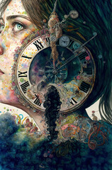 Obraz premium Looking back 2023, looking forward 2024, time stays still at midnight, happy new year, watercolor detailed time, clock and woman face, illustration, generated art, ai