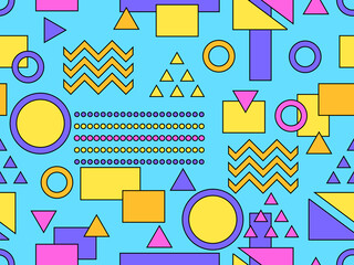 Memphis seamless pattern with geometric shapes in 80s style.