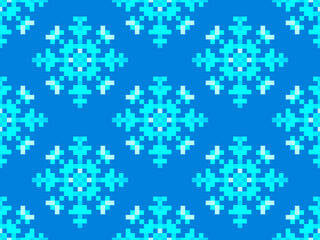 Fototapeta na wymiar Pixel snowflakes seamless pattern. Christmas winter background in pixel art style. 8 bit graphics in the style of video games of the 80s. Vector illustration