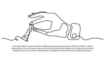 Continuous line design of a hand holding a pawn. Strategy concept design. Decorative elements drawn on a white background.