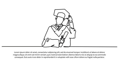 Continuous line design of student graduate with diploma. Decorative elements drawn on a white background.
