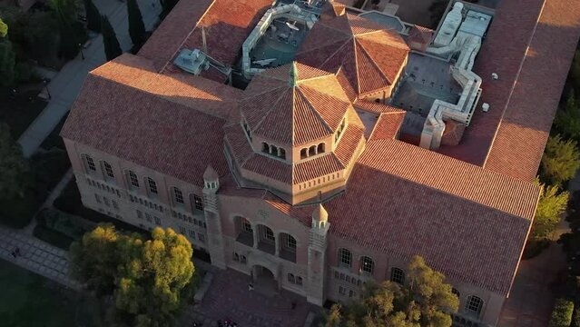 Powell Library is the main college library on the campus of the University of California, Los Angeles - orbiting aerial view