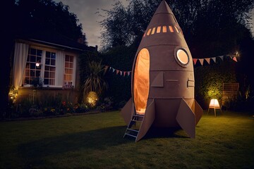 Obraz premium Cardboard space rocket at the backyard. generative art