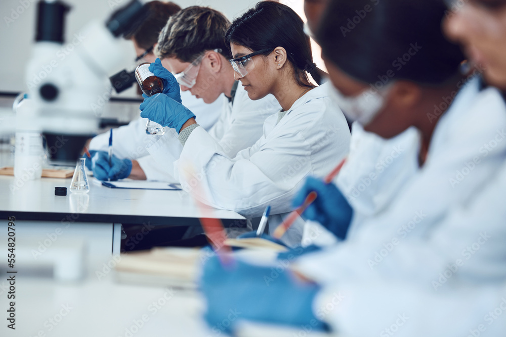 Poster science, education with students in lab for experiment, learning to be scientist and university with