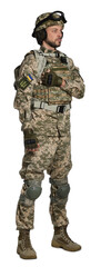 Soldier in Ukrainian military uniform with backpack on white background