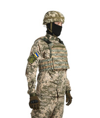 Ukrainian soldier in military uniform, helmet and balaclava on white background