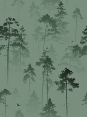Seamless pattern with foggy forest and flying birds. Green tones, vector illustration.	 - 554821736